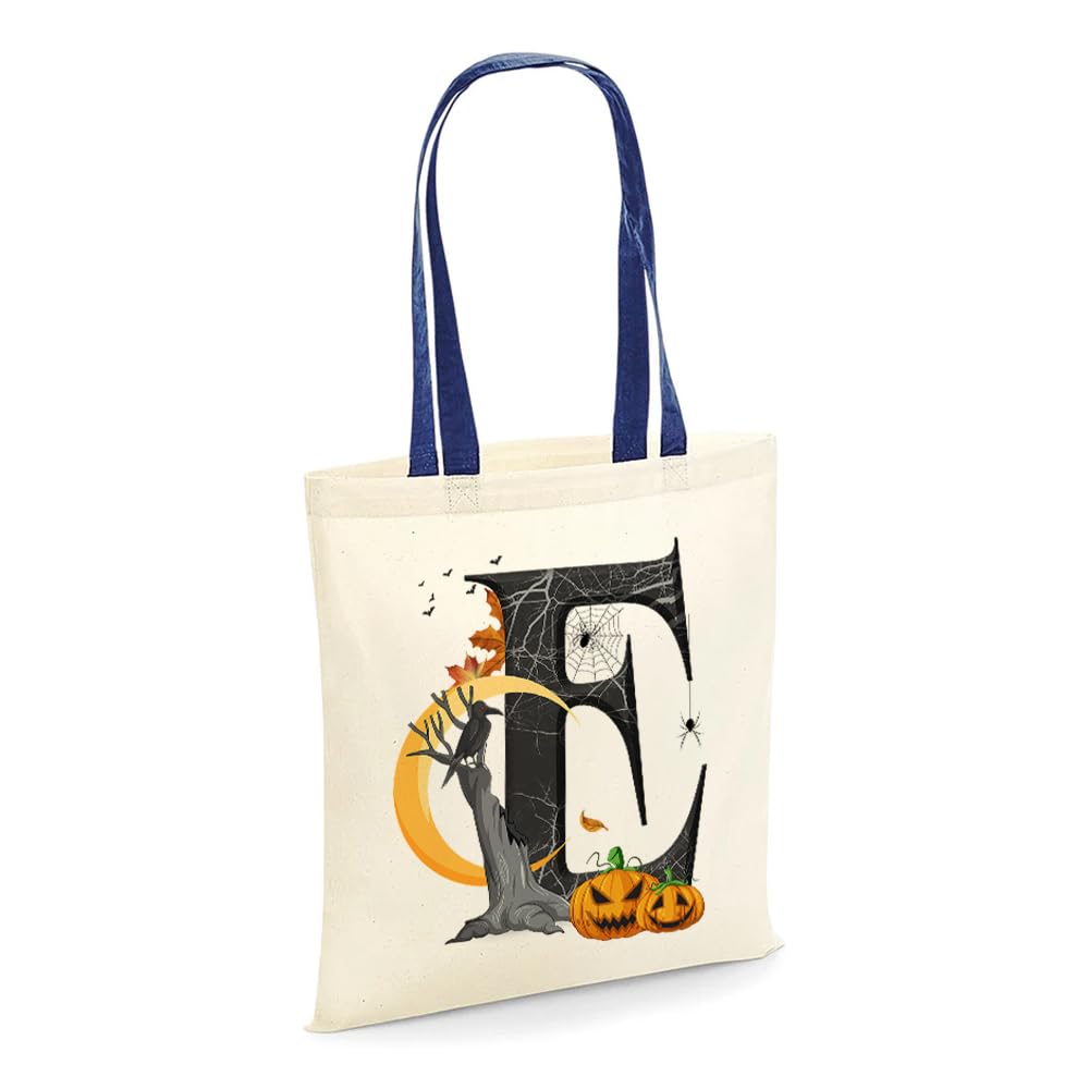 Halloween Bags, Initial Tote Bag, Gifts for Girl, Trick or Treat Bag, Halloween Pumpkin Party, Girl Gift, Reusable Bag, Shopping Bag, French Navy Handle Tote Bag. (E)