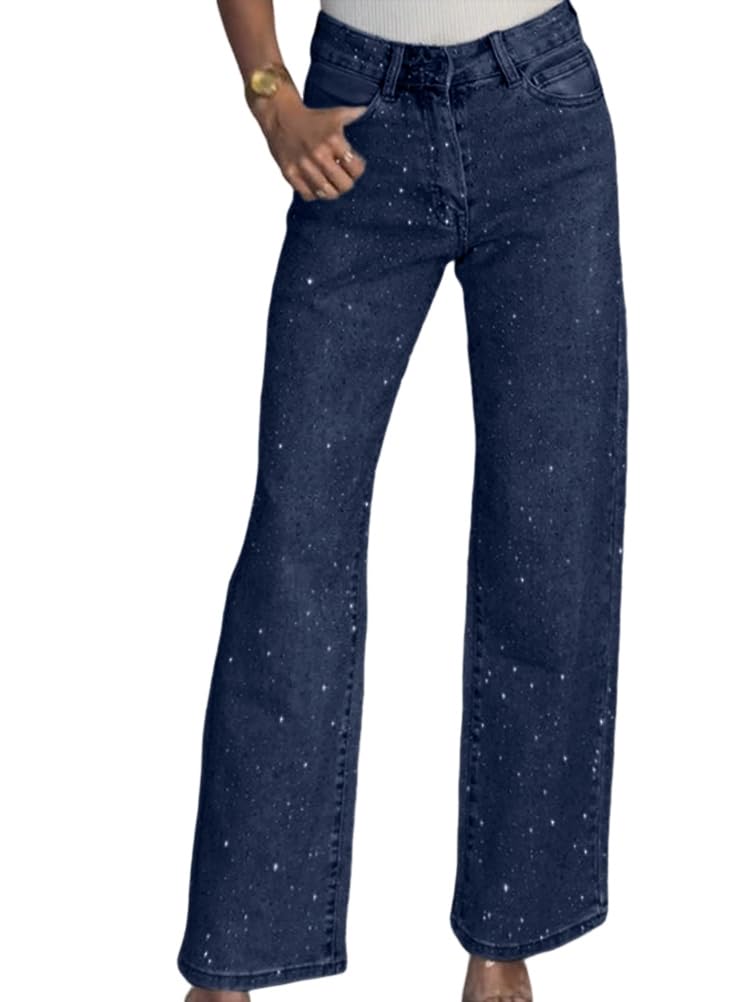 shownicer Jean Femme Taille Haute Wide Leg Jean à Strass Baggy Jeans Large Stretch Droit Jeans Brillant Y2K Pantalon Streetwear