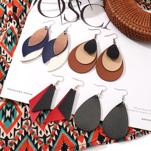 Coiris 4 Pairs Leather Earrings Set for Women Boho Lightweight Unique Leather Dangle Earrings Set Layered Design Teardrop Drop Vintage Bohemian Earrings For Women3
