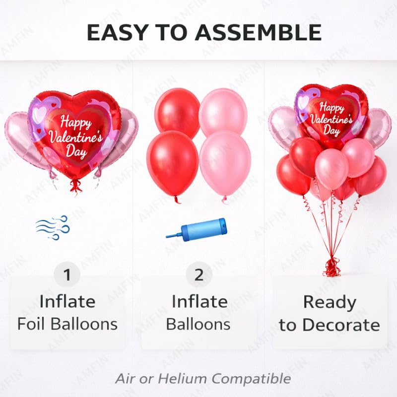 Image of AMFIN (Pack of 9) Happy Valentine's Day Balloon Decoration Set | Romantic Heart Foil Bouquet Metallic Helium Bunch Proposal Anniversary Celebration Party Decor - Red Purple