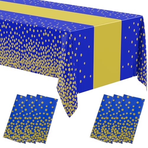 Image of Oudain 6 Pcs Blue and Gold Tablecloth for Parties Plastic Dot Tablecloths Printed Table Runner Waterproof Disposable Rectangle Table Cover for Birthday Wedding Graduation Party, 54 inch x 108 inch