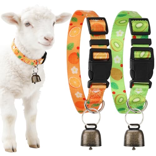 2 Pack Goat Collars with Bells Sheep Grazing Copper Bells and Adjustable Nylon Collar Set Pet Anti-Lost Loud Bronze Bell for Farm Animal Sheep Goat Cow Accessories (Kiwi Fruit Orange)
