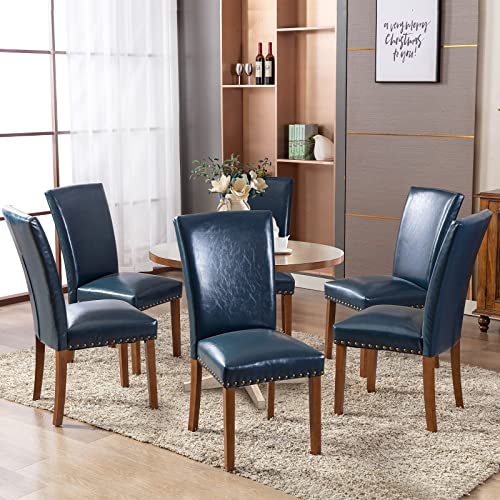 Colamy Upholstered Parsons Dining Chairs Set Of 2, Pu Leather Dining Room Kitchen Side Chair With Nailhead Trim And Wood Legs - Blue #TOP3