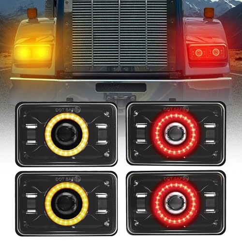 Image of 4x6 LED Headlights [DOT Approved] with Halo Red DRL Amber Turn Signal Light [High Low Sealed Beam] Compatible for Peterbilt 379 Kenworth T800 T600 Freightinger Ol-dsmobile Trucks