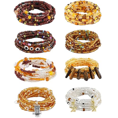 ELABEST 50” Tie-on African Waist Beads for Women Non Stretching 8Pcs Belly Beads Plus Size Colorful Handmade Beaded Waist Jewelry Accessories Body Chain