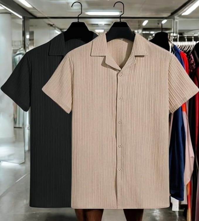 Image of Men's Textured Short Sleeve Button Down Shirt, Collared Pack of 2