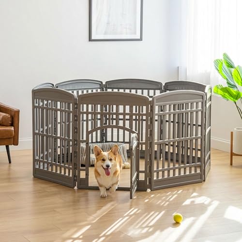 Image of IRIS USA 34 inch Dog Playpen Tall Dog Playpen Indoor - 8-Panel Puppy Playpen with Door, 63 x 63 x 34, Extra Tall Dog Play Pen Indoors for Large Dogs, Plastic Pet Playpen, Indoor Dog Pen, Gray