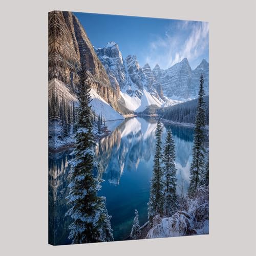 Paysage D'Hiver Impression sur toile Paysage de lac de montagne enneigé 30x20 cm Tableau mural moderne Prêt à accrocher avec cadre bois Décoration...