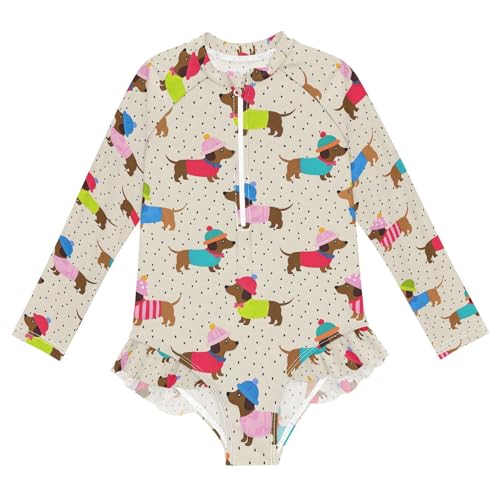 ALAZA Color Dachshund Puppy Cute Girls One Piece Swimsuit Long Sleeve Rash Guard Swimsuits UV 50+ Swimwear Zipper
