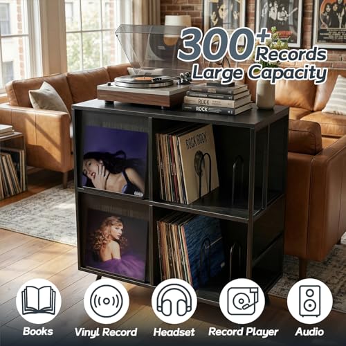 Image of Faesun 3 Tier Flip Top Record Player Stand, Vinyl Record Storage Holds up to 300+ Albums, Large Record Player Cabinet, Vintage Turntable Stand with Vinyl Display, for Living Room Bedroom, Black