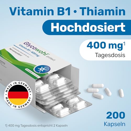 Glycowohl® Vitamin B1 400 mg¹ pro Tagesdosis – 100 Tage Vorrat – hochdosiertes Thiamin ohne Magnesiumstearat & Farbstoffe - 200 Kapseln