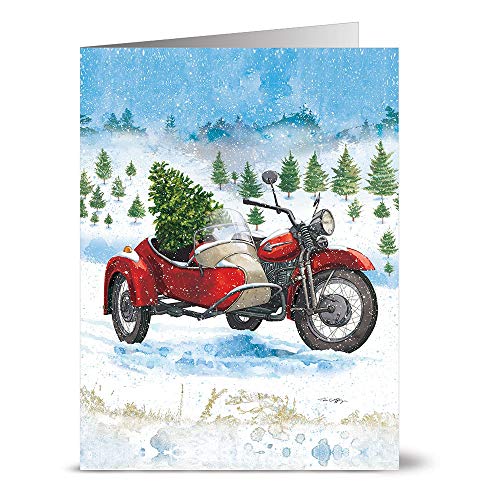 Note Card Cafe Christmas Card Assortment with Envelopes | 24 Pack | Blank Inside, Glossy Finish | Motorcycle Sidecar with Tree | Set for Holidays, Winter, Gifts, Presents, Secret Santa, Work Parties