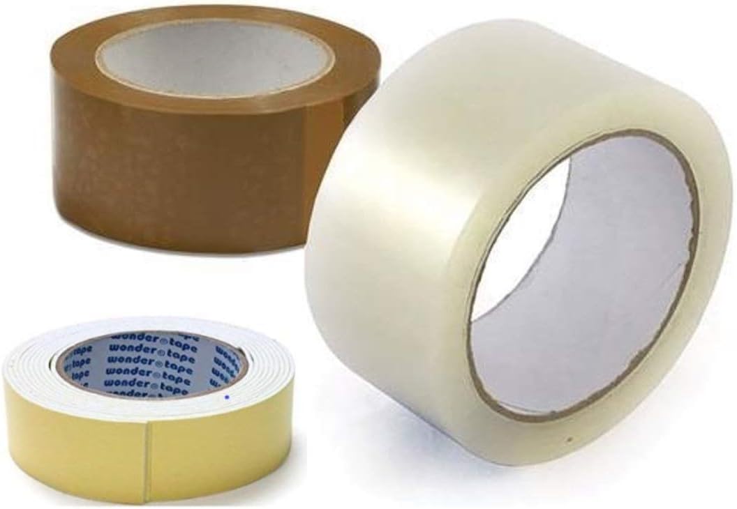 ECLET Adhesive Carton Packing High Strength Tape (Brown+White 1 pcs Each, 2inch/48mm x 65m)+Double Side Tape 1 pcs