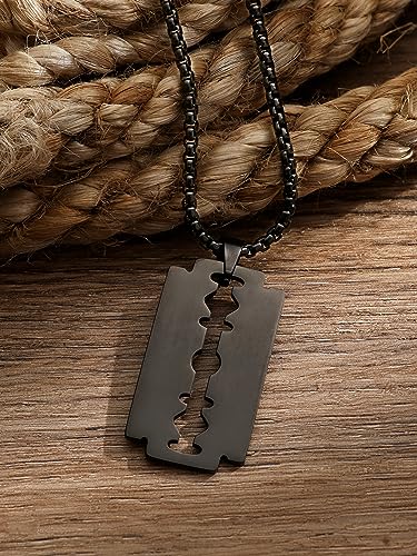 HAQUIL Razor Blade Necklace, Black Plated Stainless Steel Razor Blade Pendant, Box Chain, Gothic Punk Rock Hip Hop Jewelry Gift for Men2
