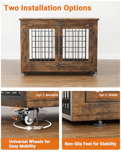Dog-Crate-Furniture-with-Cushion-Wooden-Dog-Kennel-Indoor-with-Double-Doors-Dog-Cage-with-Wheels-Dog-House-Side-End-Table-for-Small-Medium-Dogs-up-to-45-lb-325-L-Rustic-Brown Dog Crate Furniture with Cushion Wooden Dog Kennel Indoor with Double Doors Dog Cage with Wheels Dog House Side End Table for Small Medium Dogs up to 45 lb 325 L Rustic Brown