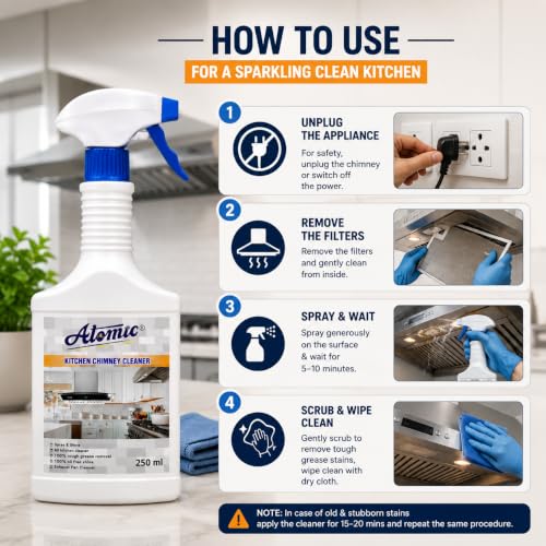 Image of ATOMIC Chimney Cleaning Liquid Spray 250 ml | Removes 100% germs | Cleans Stove | Grill Cleaner | Removes Heavy Grease, Oil and Stain remover for Grill, Gas Stove, Exhaust Fan, Chimney, Griddles
