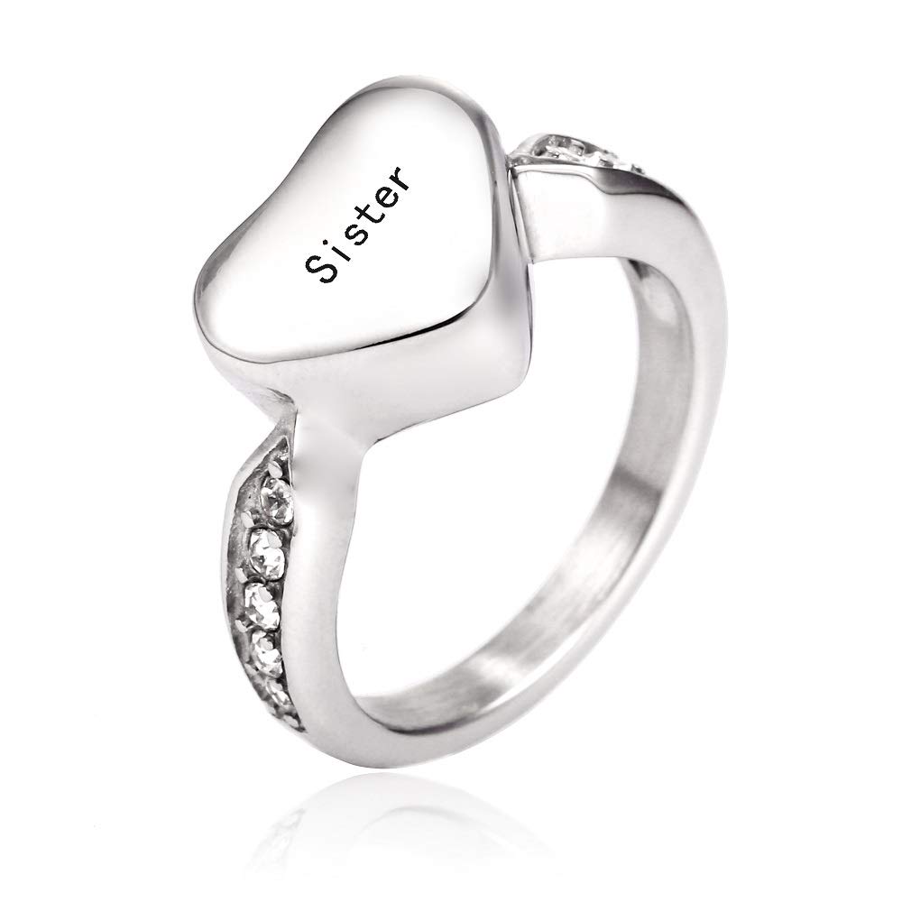 Muyuer Heart Cremation Urn Ring Hold Loved Ones Ashes for Funeral Keepsake Gift Memorial Jewelry (Sister, 6)
