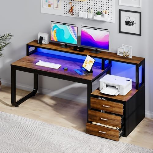 MaverickFurni Home Office Desk with Drawers, 67'' Computer Desk with Monitor Shelf, Gaming Desk with LED Lights, Black and Brown
