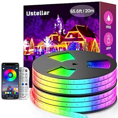 USTELLAR 65.6ft (2 Rolls of 32.8ft) LED Rope Lights Waterproof IP65 640 LEDs, 360lm Bright Color Changing Strip Light Plug-in 24V, App/RF Control Dimmable Music Sync Light Not Cuttable, Not Extendable