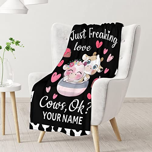Personalized Cow Blanket Gifts with Name - 30"x40" Cute Throw for Women, Girls - Black Soft Fuzzy Blankets for Couch & Office