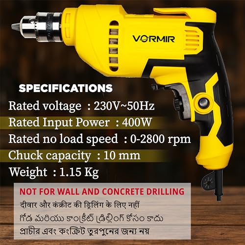 Image of VORMIR Electric Drill, 400W, 2800 RPM, 10mm Chuck, Variable Speed, Forward /Reverse for Wood & Metal - 6 months warranty