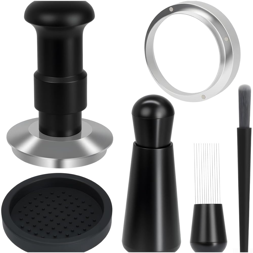 Prensador de acero inoxidable 304 de 58 mm con doble muelle de 15 kg de presión constante, autonivelante, incluye herramienta de distribución y anillo dosificador para máquina portafiltros (58 mm)