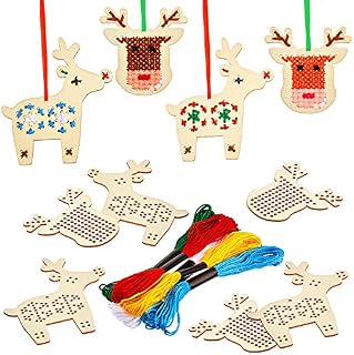 10 Pieces Christmas Wooden Cross Stitch Kits Reindeer Cross Stitch Wood Christmas Tree Ornaments Christmas Hanging Decors Craft Christmas Decorations for Christmas Tree Decoration Art Supplies