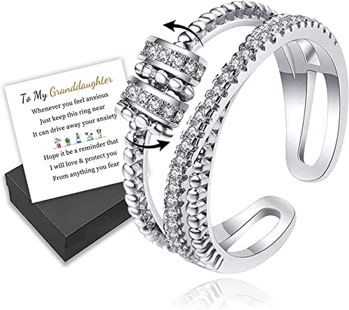 Adjustable Anxiety Ring for Women, to My Granddaughter, I Will Protect You from Anything You Fear Fidget Ring, Granddaughter Ring from Grandma, Fidget Rings, Open Spinner Anxiety Ring (Silver)