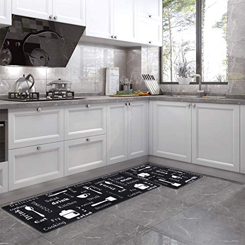 HEBE Anti Fatigue Kitchen Rug Set 2 Pieces Cushioned Kitchen Floor Mats Set Comfort Heavy Duty Standing Mats Waterproof Non Slip Kitchen Rugs and Runner Sets,Black Kitchen
