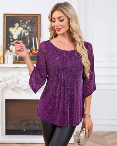 Youtalia Dressy Tops for Women Formal Elegant Blouses 3/4 Sleeve Sparkly Cocktail Party Evening Shirts3