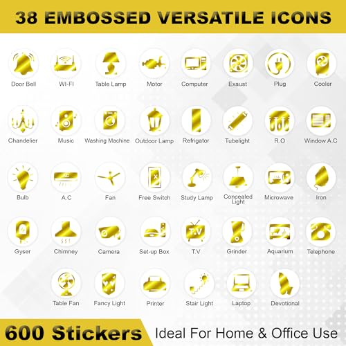Image of GLUN Electric Self-Adhesive Board Switch Plastic Surface Stickers, 38 Icons 600 Stickers Set Bright Golden Colors, for All Types of Appliances Or Machinery, Fan, Light, Fridge, AC, Switch Stickers