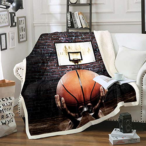 Loussiesd Boys Basketball Fleece Throw Blanket for Kids & Teens, Sports Sherpa Plush Blanket with 3D Ball Pattern, Fuzzy