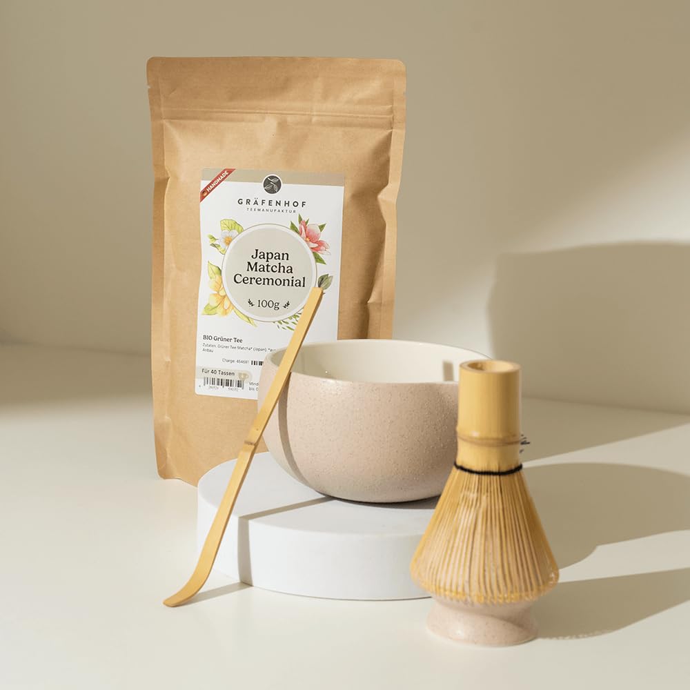 100% BIO Matcha Set mit Pulver I 6-teiliges Set & Zubehör I Schale mit Ausgießer in Keramik I Matcha Probierset I Tee Geschenk für Kenner & Einsteiger von Gräfenhof.