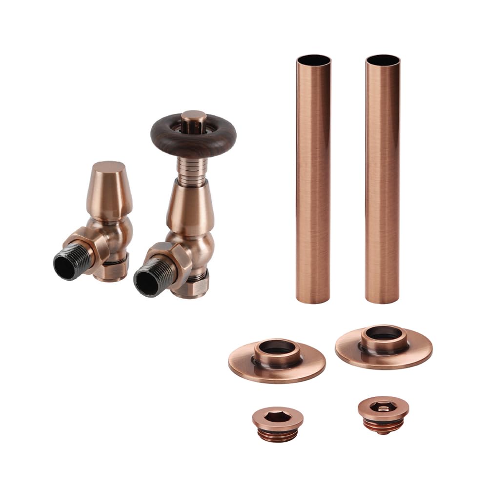Milano Brown/Copper Windsor - Traditional Thermostatic Angled Radiator Valve And Pipe Sleeve Set - Antique