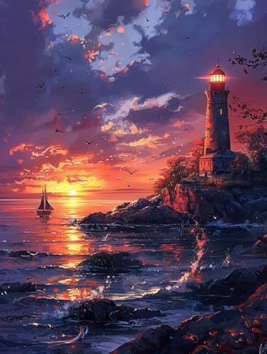 Diamond Painting Mer 5D avec motif phare kit de broderie diamant adulte 40x50cm