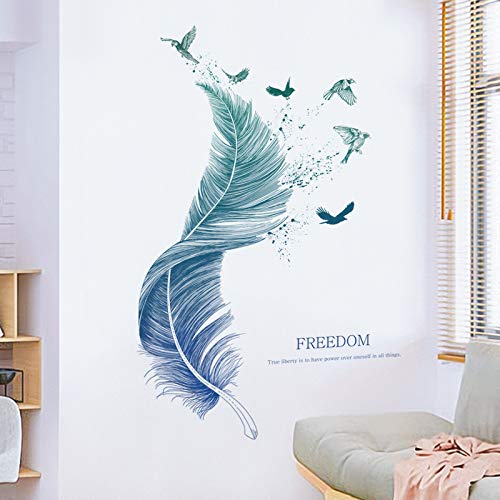 Pegatinas de pared de pájaros vinilos de cristal y plumas azules para decoración del hogar moderna 2