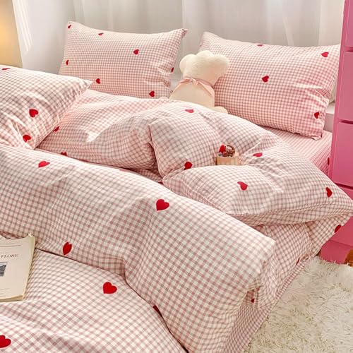 Image of Nayoroom Gingham Duvet Cover King Size Pink Plaid Red Heart Printed on White Bedding Set 3 Pcs Kids Girls Cute Heart-Shaped Comforter Cover with Zipper Closure Soft Breathable Microfiber