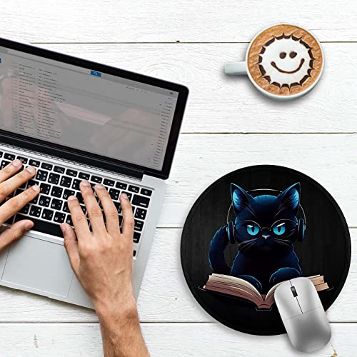 Image of Cat Round Mouse Pad, Cute Small Mouse Pad for Desk, Funny Black Mousepad,Stitched Edge Non-Slip Rubber Base, Personalized Computer Mouse Pads for Wireless Mouse,Office Decor Desk Accessories