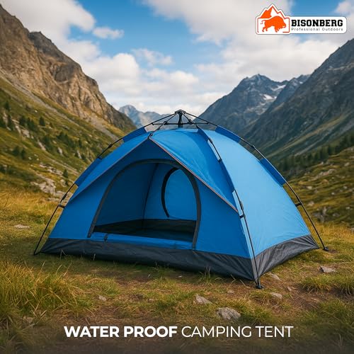 Image of Bisonberg Quick Pop-up Camping Tent, 4 Person, Green, Glass Fiber Poles, Waterproof with PU Coating, Portable and Foldable