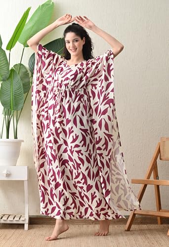 Image of Ichaa Women's Pink Rayon Printed Round-Neck Kaftan-Style Free Size Nighty with Drawstring