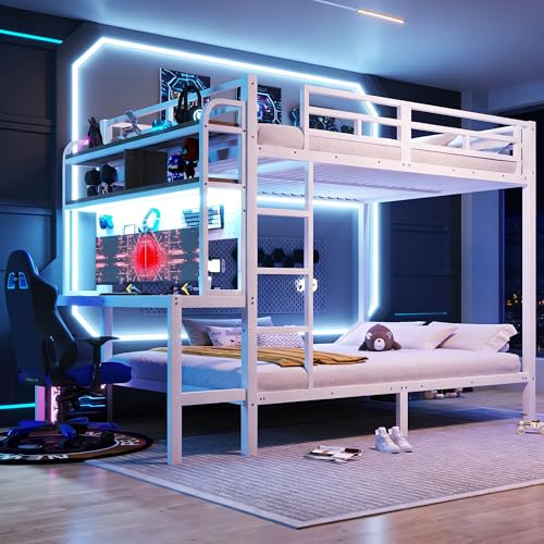 Cama alta de 140 x 200 cm con luz LED y puerto USB, litera de metal para cama de matrimonio con escritorio y compartimento para objetos, barandilla de seguridad, escalera, hierro cama de 140 x 200 cm
