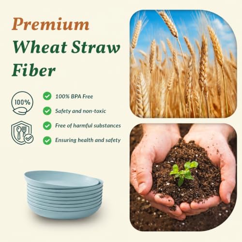 Image of Homienly Wheat Straw Deep Plates 9 Inch Unbreakable & Lightweight Plastic Dinner Plates Alternative for Dessert, Sandwich 8 PCS Microwave & Dishwasher Safe Reusable Plate for Camping, RV-Light Blue