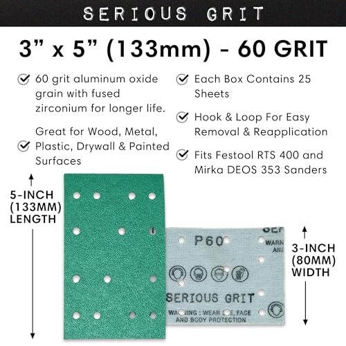 Image of Serious Grit - 3 inch x 5 inch (80x133mm) 14-Hole P60 Grit Sandpaper - 25 Pack Box