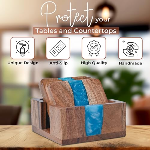 Woodcoasterswithresinsetof4cupcoasterswithholder4x4inchesuniquehandmadeaestheticallypleasingforhomeofficebardecormodernrusticbluecoasters Urban Country Home Decor Wood coasters with resin set of 4 cup coasters with holder 4 x 4 inches unique handmade aesthetically pleasing for home office bar decor modern rustic blue coasters urban country home decor