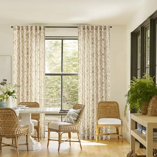 Image of Linen Floral 102 Inch Long Farmhouse Curtains Back Tab Tan Brown Beige