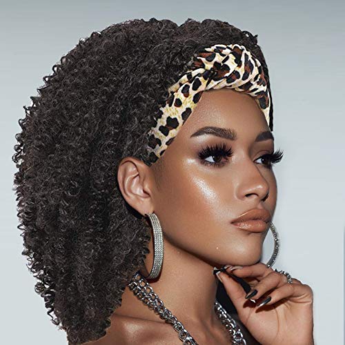 Afro Kinky Curly Headband Wigs Short Curly Afro Wigs for Black Women Wrap Wig 2 in 1 Afro Synthetic Curly Wigs with Headband Headwrap Wigs Synthetic Hair Turban Scarf Wigs (Leopard Turban Wig)