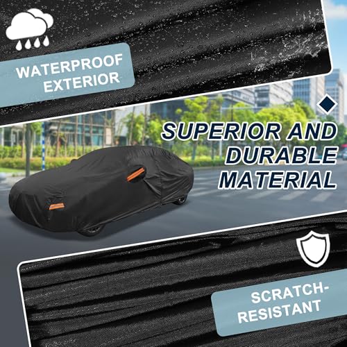 Image of Black Heavy Duty Waterproof Car Cover for Sedan 169 inch-175 inch - All-Weather UV Protected Outdoor Full Exterior Cover with Sun /Snow /Rain Resistance