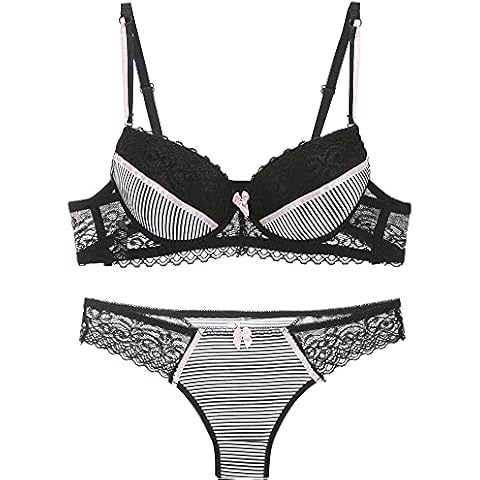 Ayigedu Ladies Underwire Padded Push up Sexy Bra Lingerie Panties Underwear Sets 32-C Black Cover