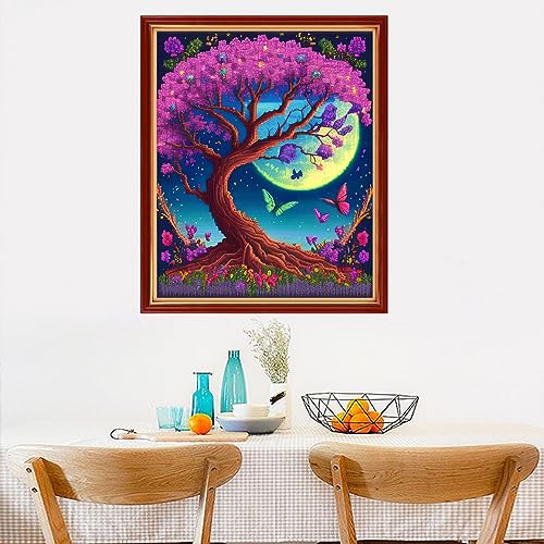 Image of Dimensean Stamped Cross Stitch Kits Full Range of Embroidery Patterns Starter Kits for Beginners Adult DIY Cross Stitches Needlepoint Kits 11CT-Colorful Tree Moon 15.7x19.7 inch