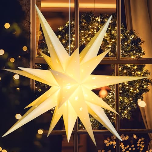 Image of SUNBEAUTY 21 Inches White Large Moravian Stars Outdoor Light Warm White LED Hanging Star Lights 3D Christmas Tree Topper Star for Holiday Wedding Birthday Porch Party Decor